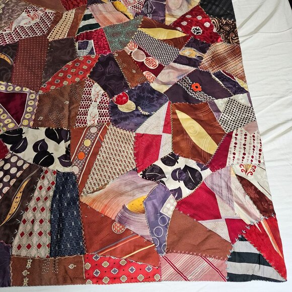 Vint Handmade Crazy Lap Quilt Blanket Silk Scarve Scarf Patchwork Boho 65"x 42" - Picture 11 of 13